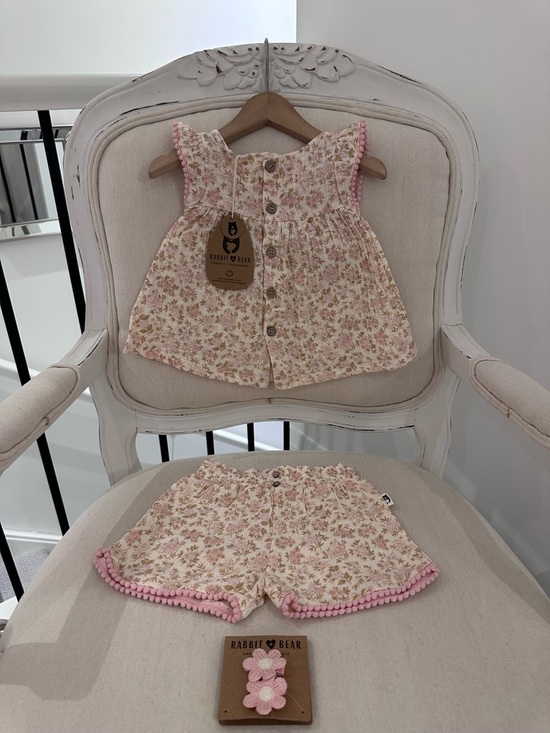 🤍 24 Mth Organic Cotton Ruffle Floral Pink & Tan Pom Pom Trim Top & Bloomer NWT - Picture 2 of 13